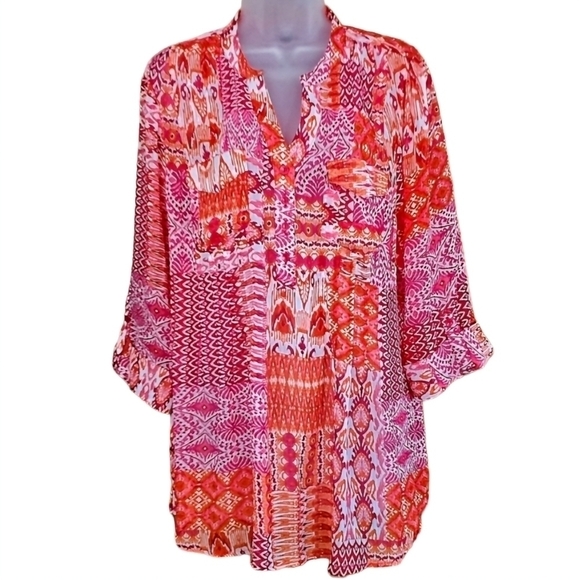 Zac & Rachel Orange Pink Mixed Pattern Sheer Top - Picture 1 of 8